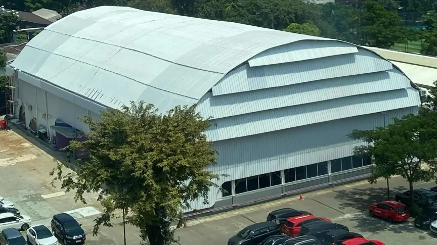 Aerial view of the arched arena roof
